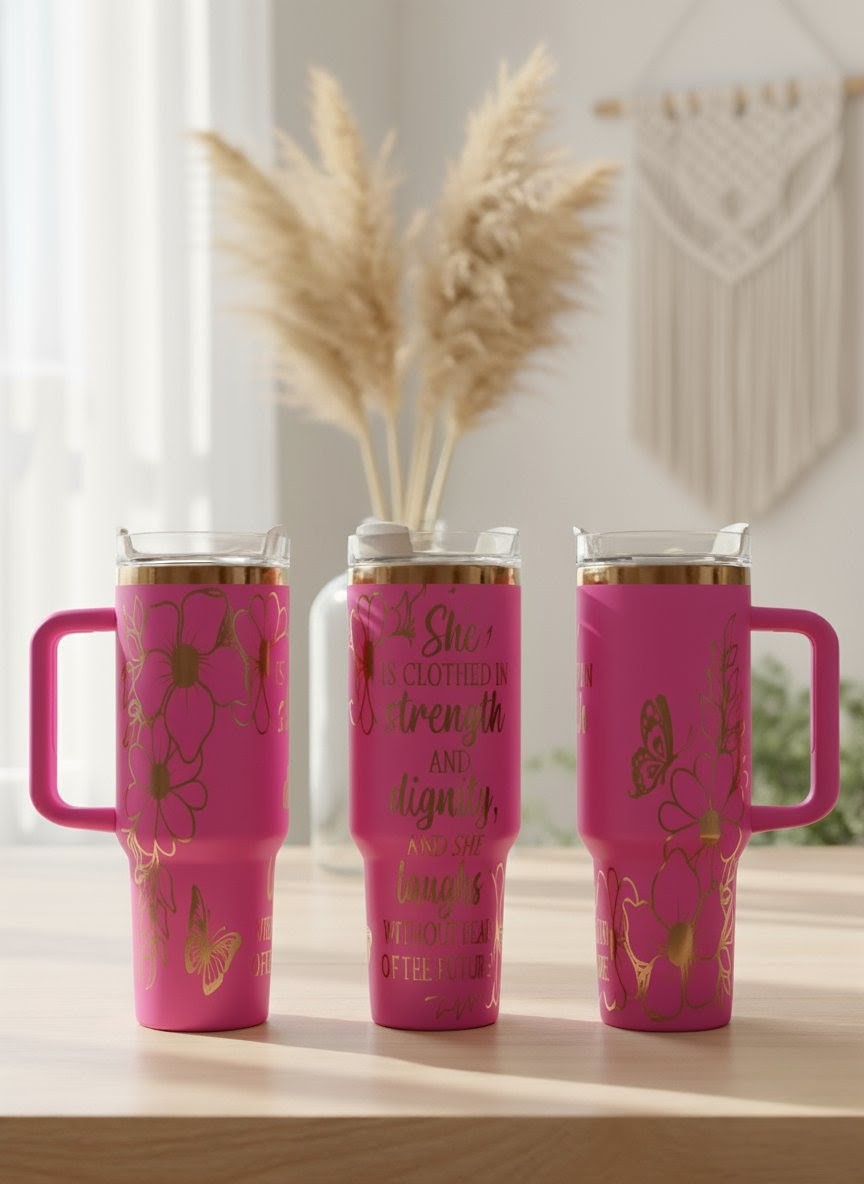 "She is Clothed in Strength" Laser Engraved Christian Tumbler