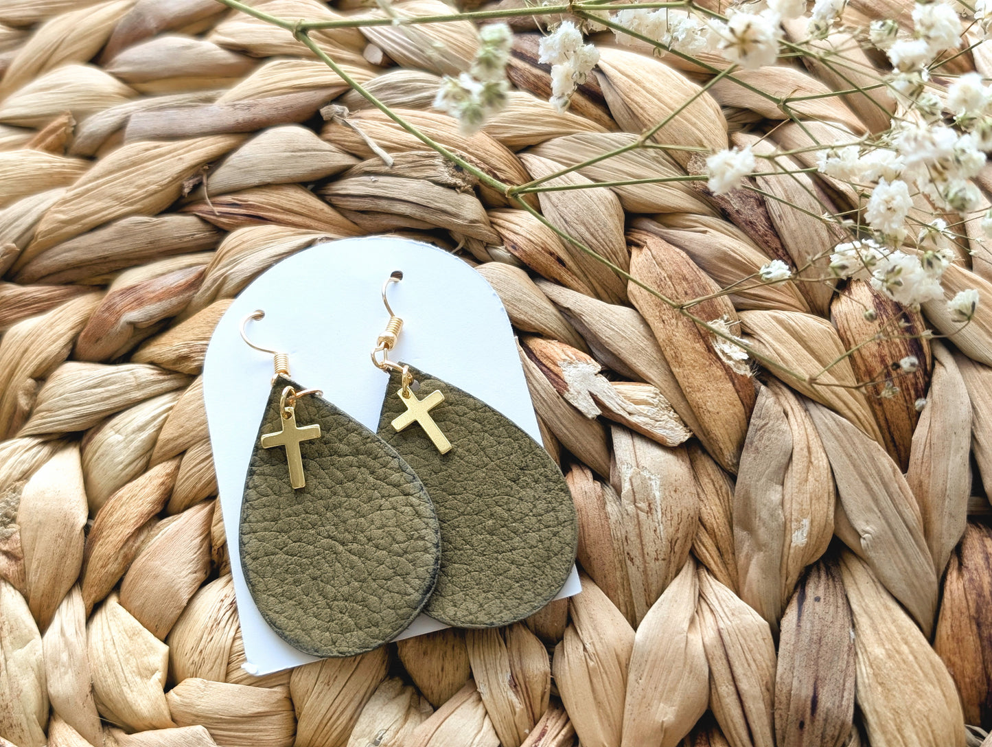 Israeli Leather teardrop Earrings with a Cross