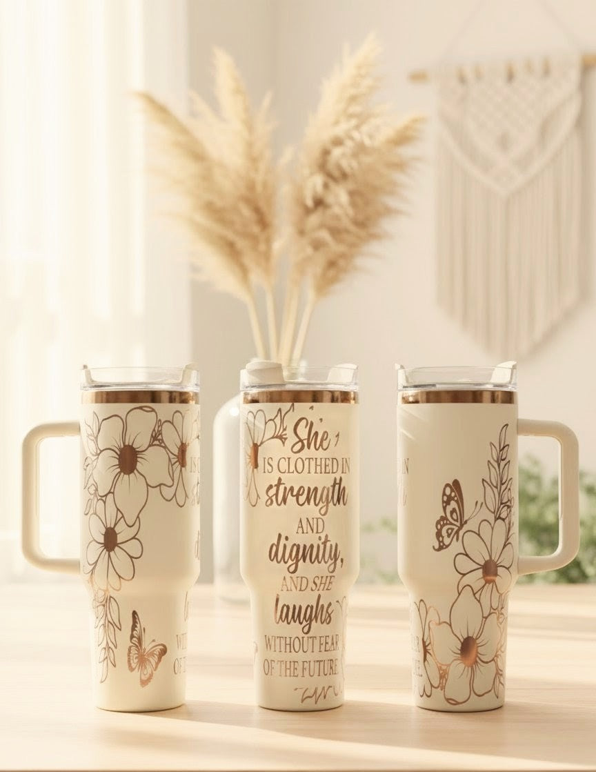 "She is Clothed in Strength" Laser Engraved Christian Tumbler