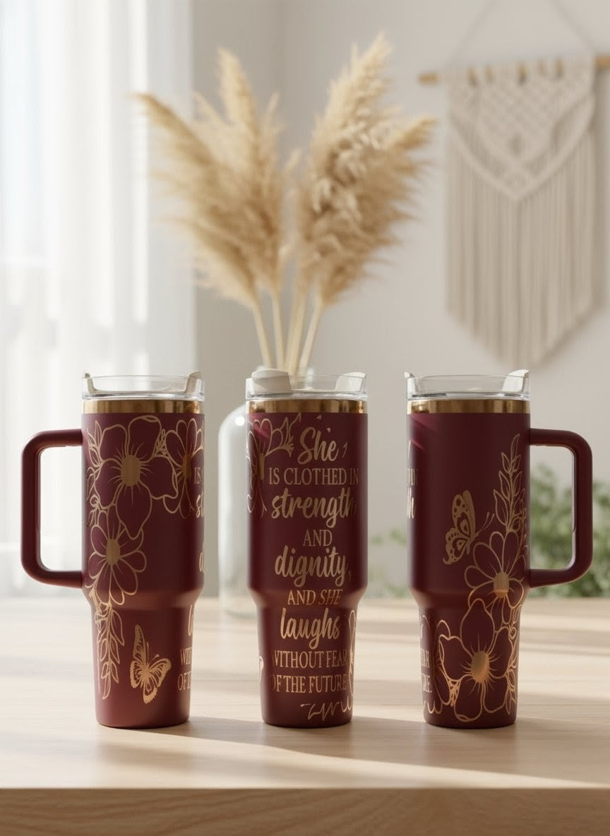 "She is Clothed in Strength" Laser Engraved Christian Tumbler