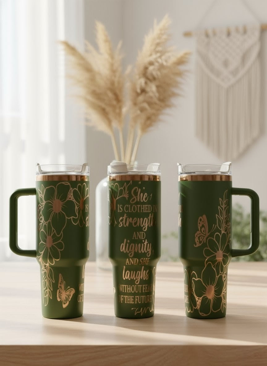 "She is Clothed in Strength" Laser Engraved Christian Tumbler