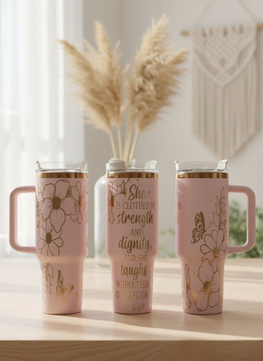 "She is Clothed in Strength" Laser Engraved Christian Tumbler