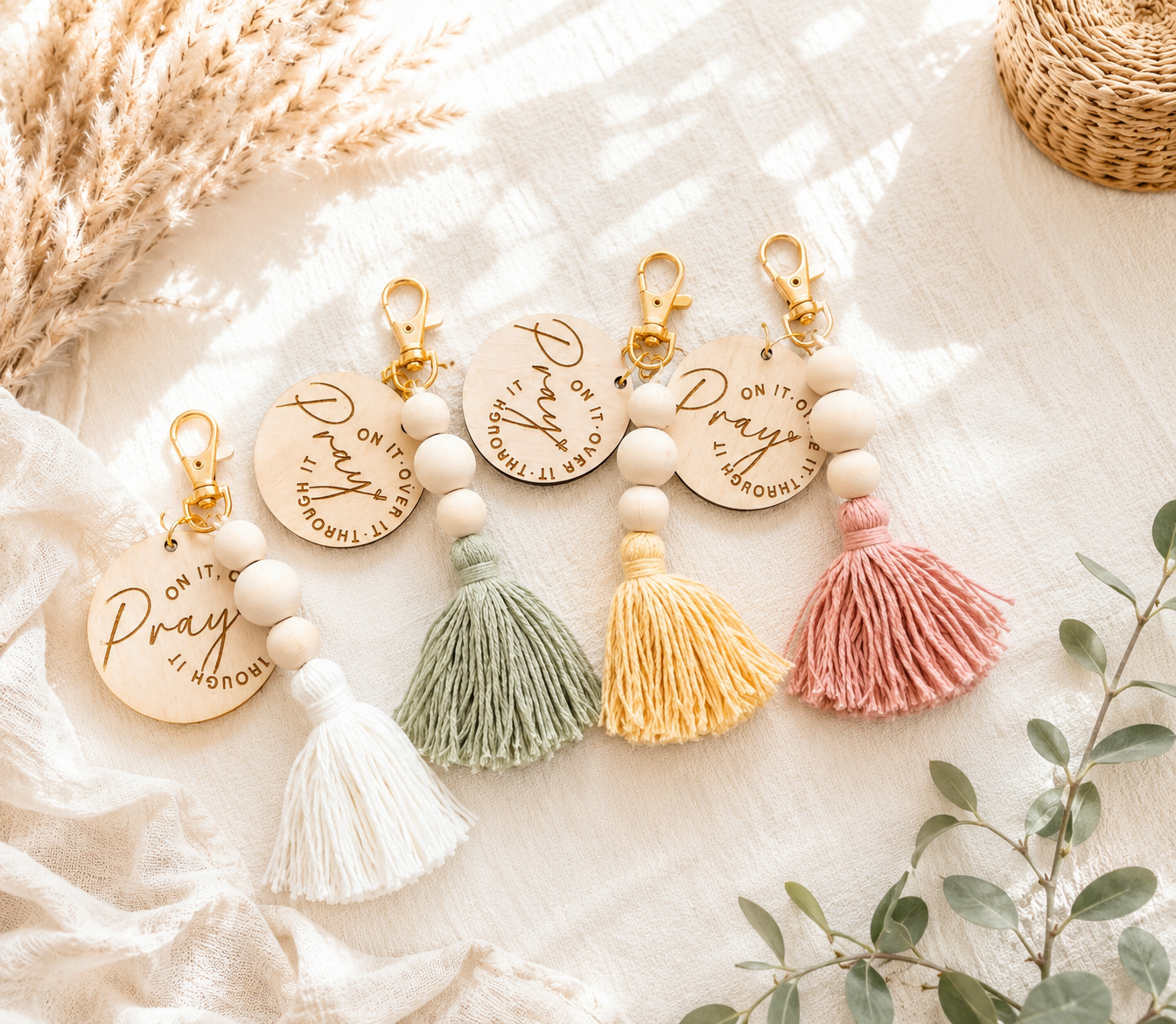 Pray On It Christian Tassel Keychain | Wooden Purse Charm & Faith Gift for Women