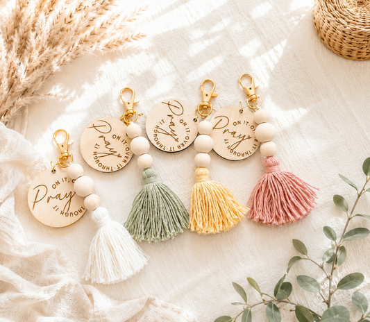 Pray On It Christian Tassel Keychain | Wooden Purse Charm & Faith Gift for Women