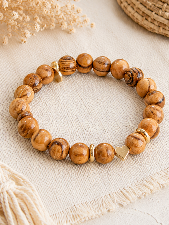 Everlasting Love Jerusalem Olive Wood Bracelet | Gold Heart Christian Bracelet – Jeremiah 31:3