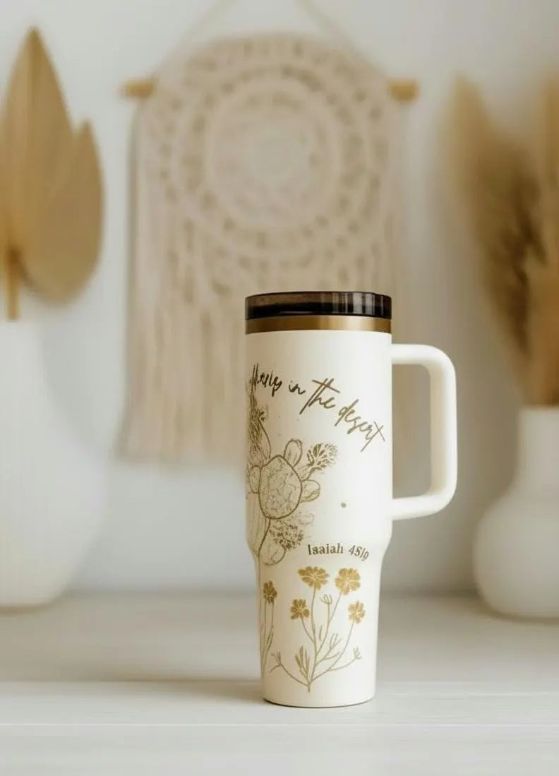 “Rivers in the Desert” Cream Gold Cactus Tumbler