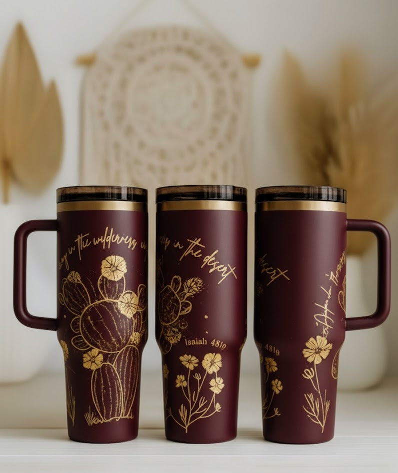 “Rivers in the Desert” Cream Gold Cactus Tumbler