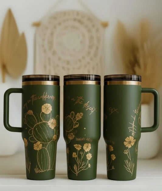 “Rivers in the Desert” Cream Gold Cactus Tumbler