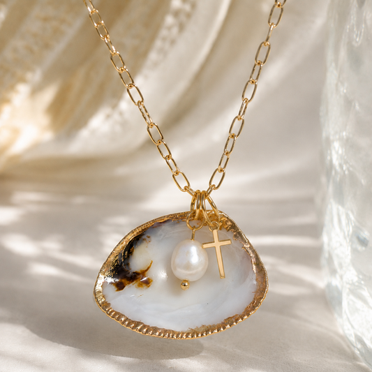 Psalm 93 Seashell Pearl & Cross Necklace | Christian Coastal Jewelry
