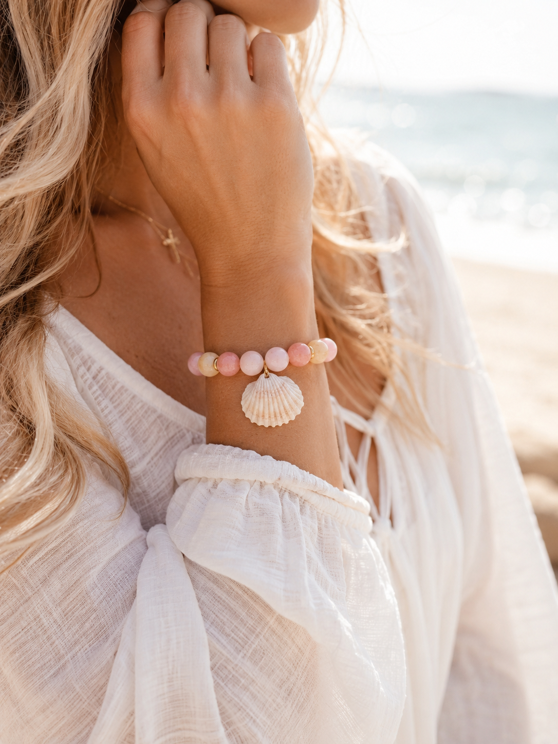 PInk & yellow Jade Natural stone with Seashell Christian bracelet