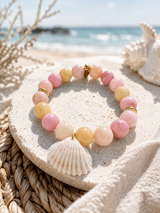 PInk & yellow Jade Natural stone with Seashell Christian bracelet