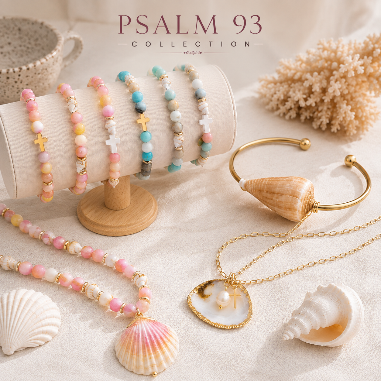 Psalm 93 Seashell Pearl & Cross Necklace | Christian Coastal Jewelry