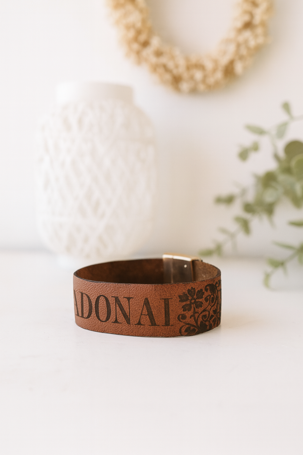 Names of God Leather Engraved Cuff