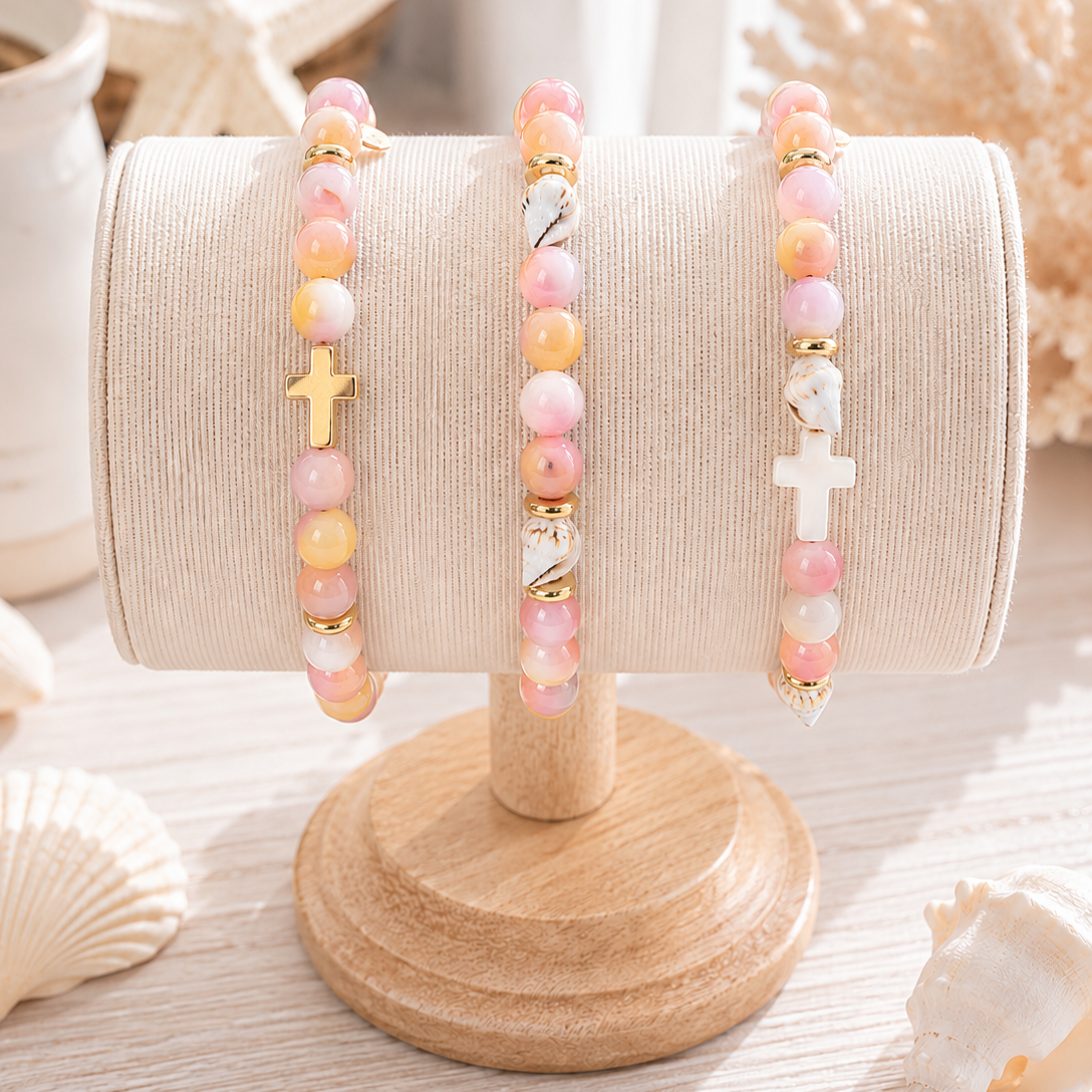 Pink & yellow Jade Hebrew Cone Seashell Christian Bracelet | Psalm 93 Collection