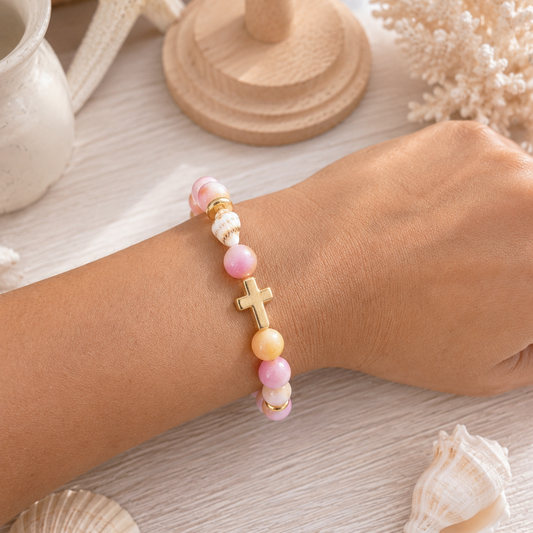 Pink & yellow Jade Hebrew Cone Seashell Christian Bracelet | Psalm 93 Collection