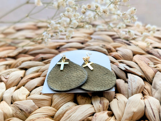 Israeli Leather teardrop Earrings with a Cross