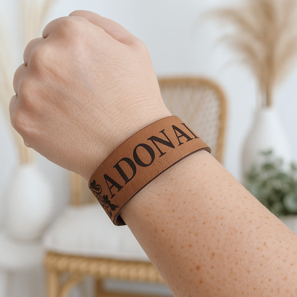 Names of God Leather Engraved Cuff