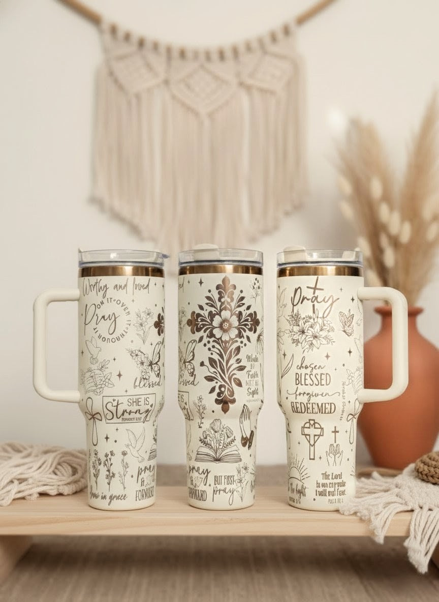 Christian women's Pray 40oz Gold Plated Cream Double walled Tumbler