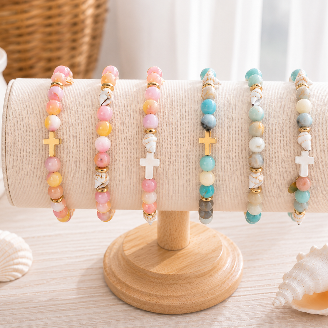 Pink & yellow Jade Hebrew Cone Seashell Christian Bracelet | Psalm 93 Collection