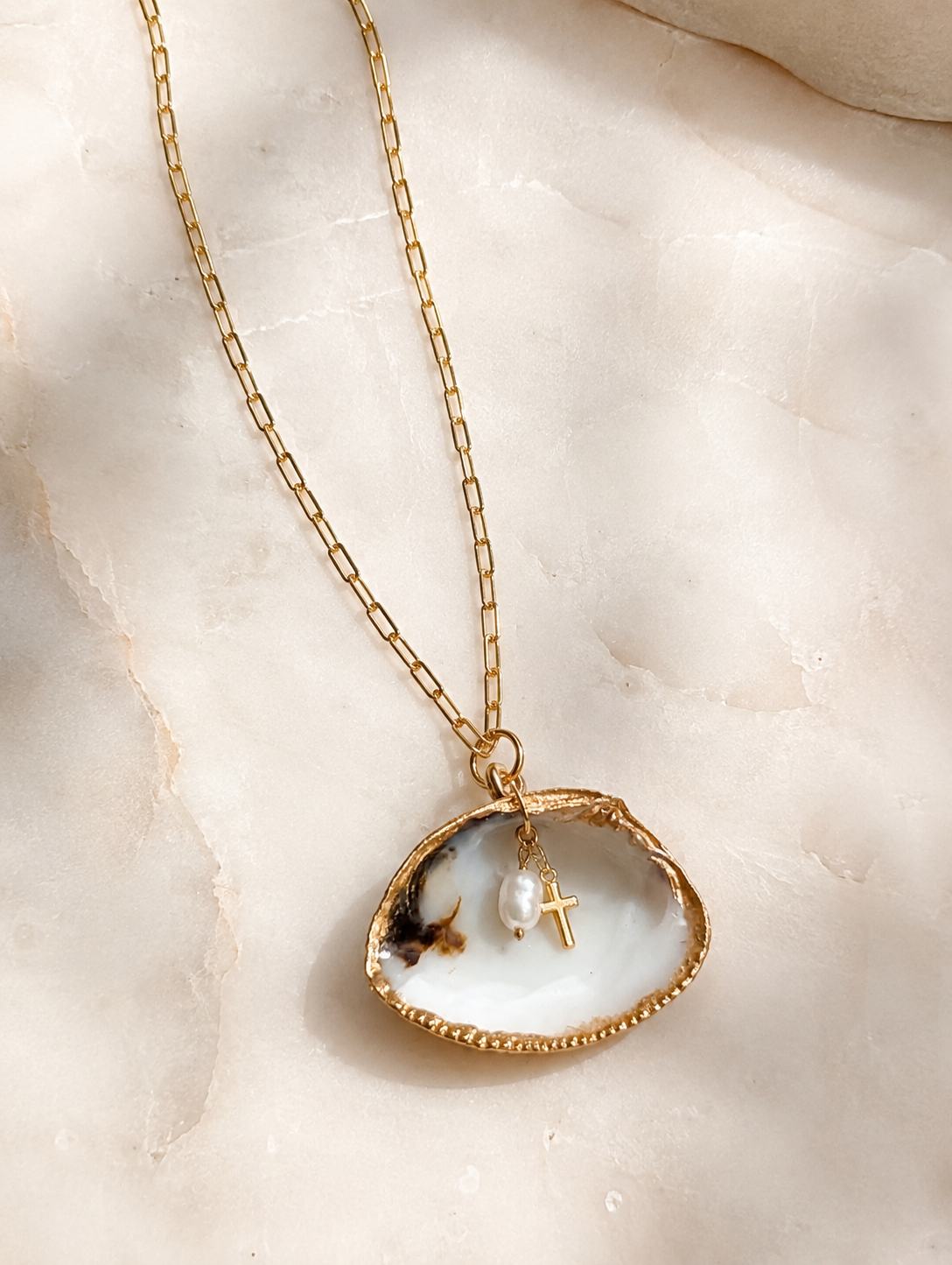 Psalm 93 Seashell Pearl & Cross Necklace | Christian Coastal Jewelry